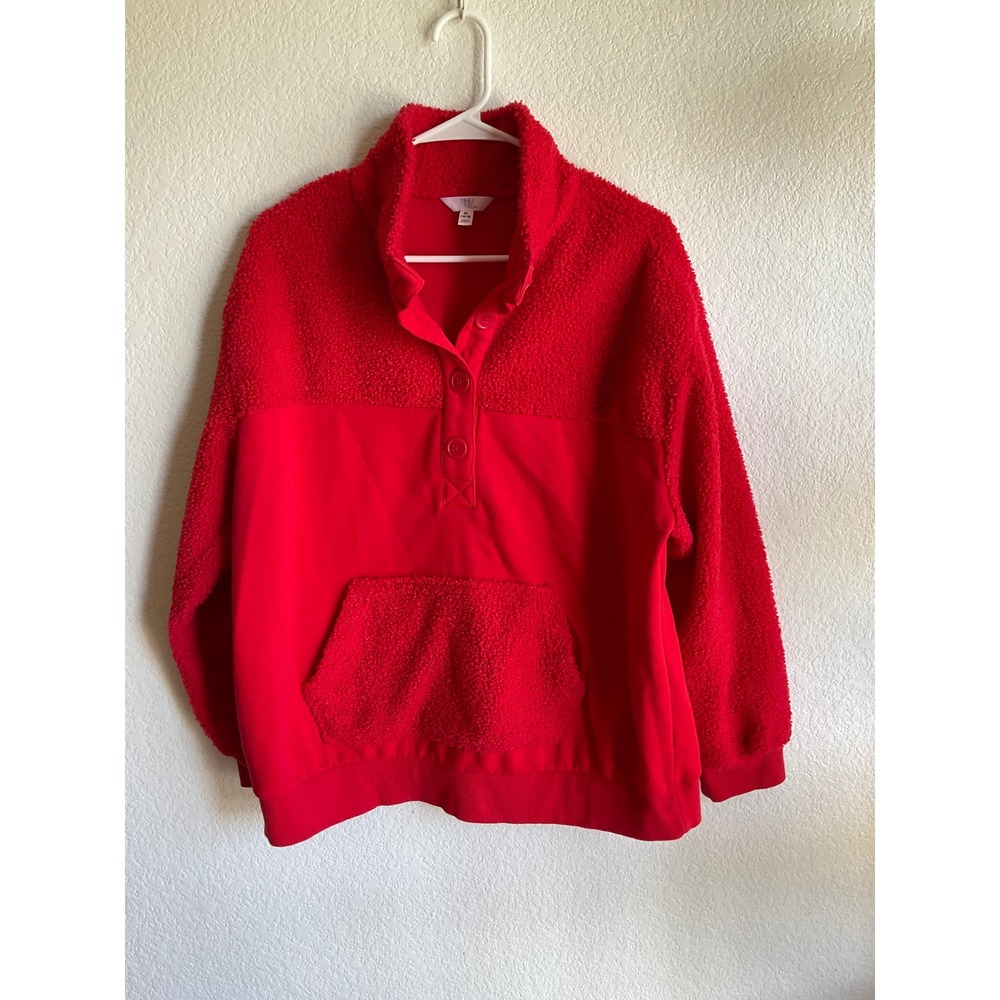 Time and Tru Red Sherpa Mixed Media Quarter Button Pullover Sweatshirt XL 16-18